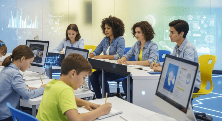 Students of different ages engaged in educational assessments, some using computers, others with paper and pencils, reflecting modern standardized testing environments.