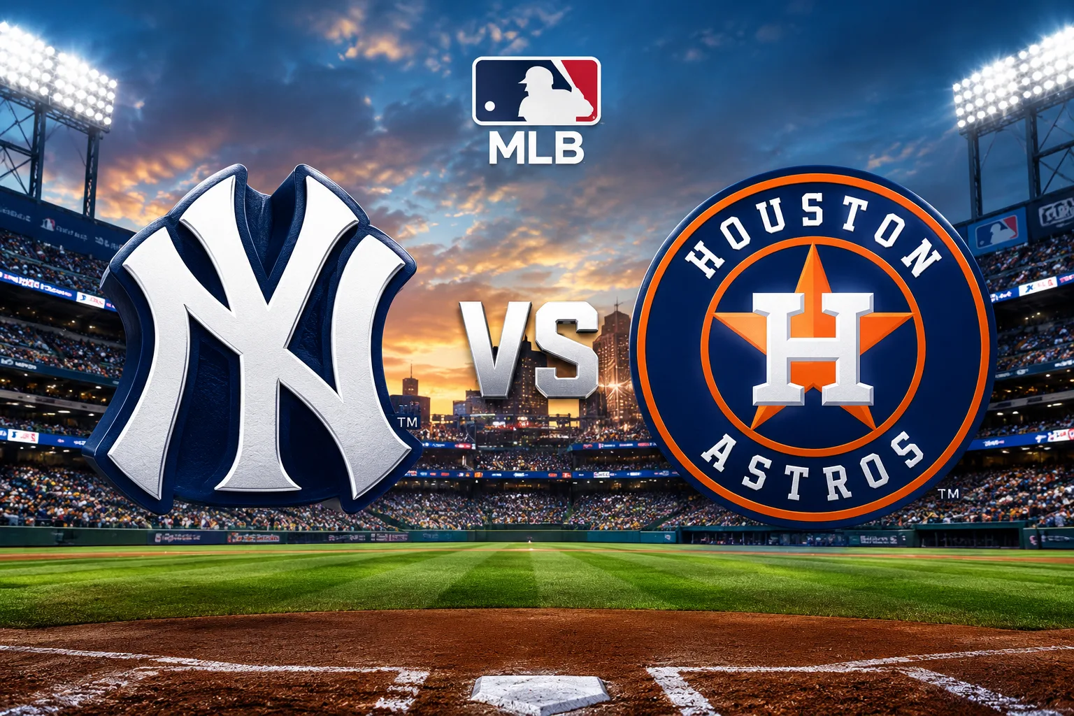 New York Yankees vs Houston Astros MLB matchup featuring team logos and monograms in a baseball stadium