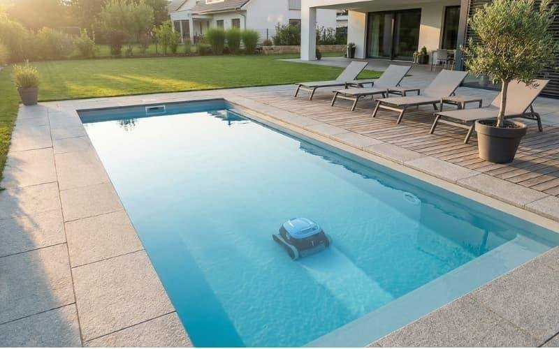 A robotic pool cleaner maintaining consistent cleaning in a clean residential backyard pool