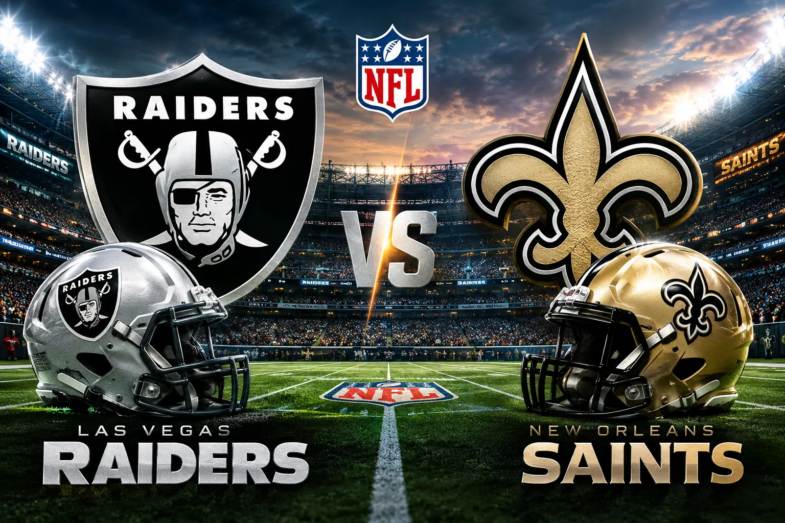 Las Vegas Raiders vs New Orleans Saints NFL matchup at an NFL stadium