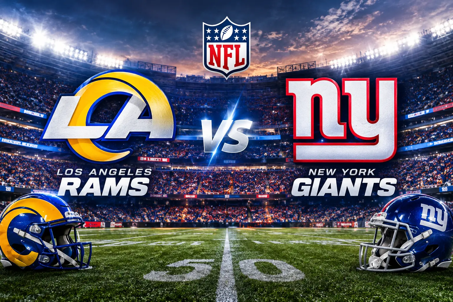 Los Angeles Rams vs New York Giants NFL matchup with official team logos and helmets in a football stadium