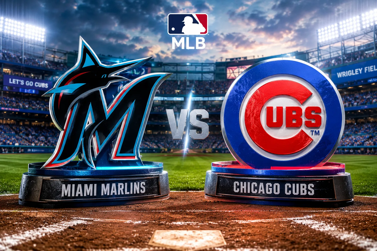 Miami Marlins vs Chicago Cubs MLB featured image with official team logos at baseball stadium