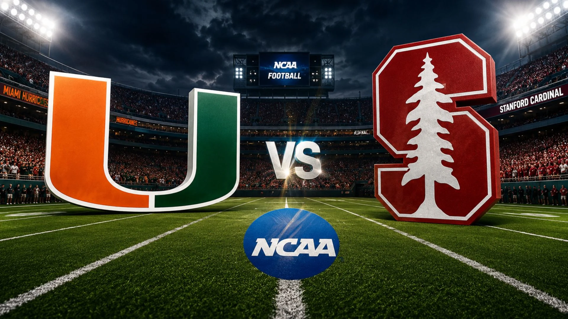 Miami Hurricanes quarterback Darian Mensah throws a touchdown pass against Stanford Cardinal defense in 45-6 victory on September 4, 2026 at Stanford Stadium