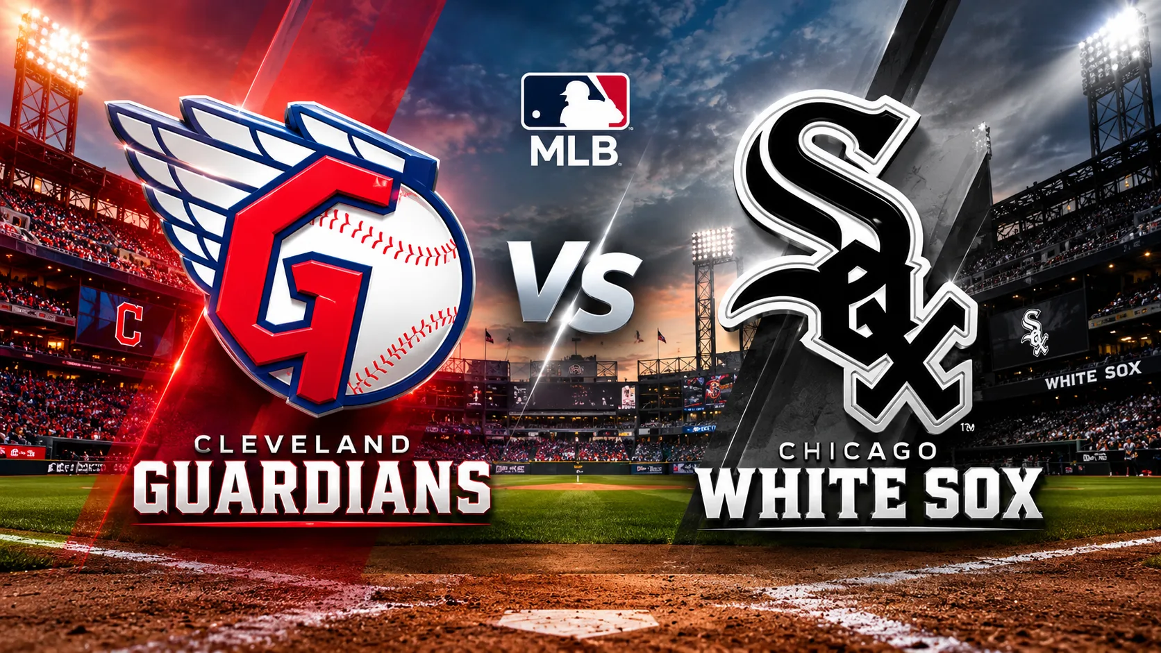 Cleveland Guardians vs Chicago White Sox MLB matchup featuring both team logos and monograms in a cinematic baseball stadium.