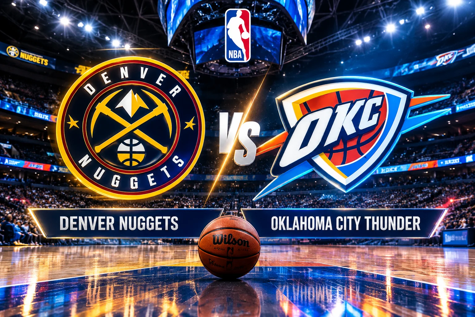 Denver Nuggets vs Oklahoma City Thunder NBA arena featured image with both teams' logos and monograms.