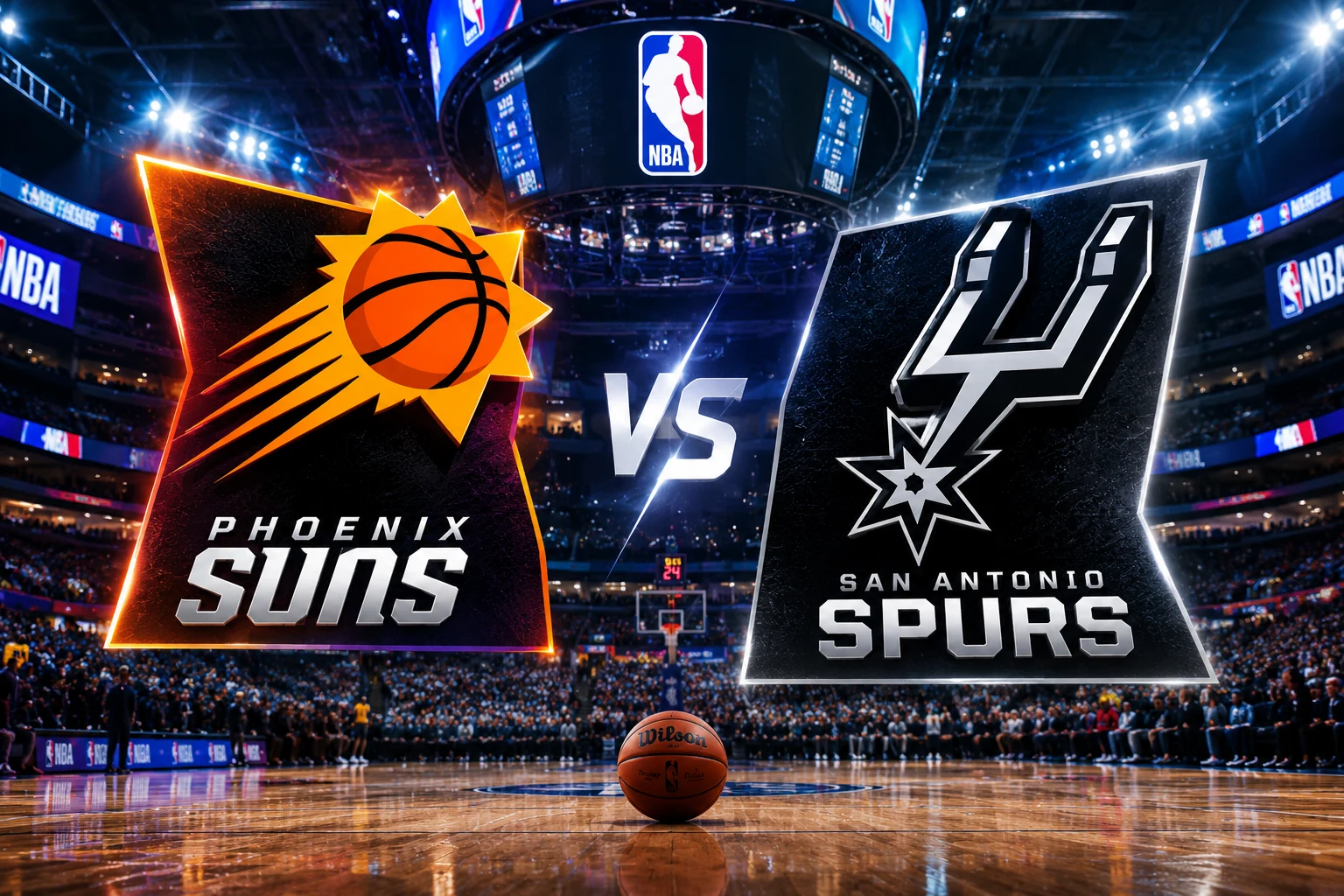 Phoenix Suns vs San Antonio Spurs NBA arena featured image with team logos and monograms