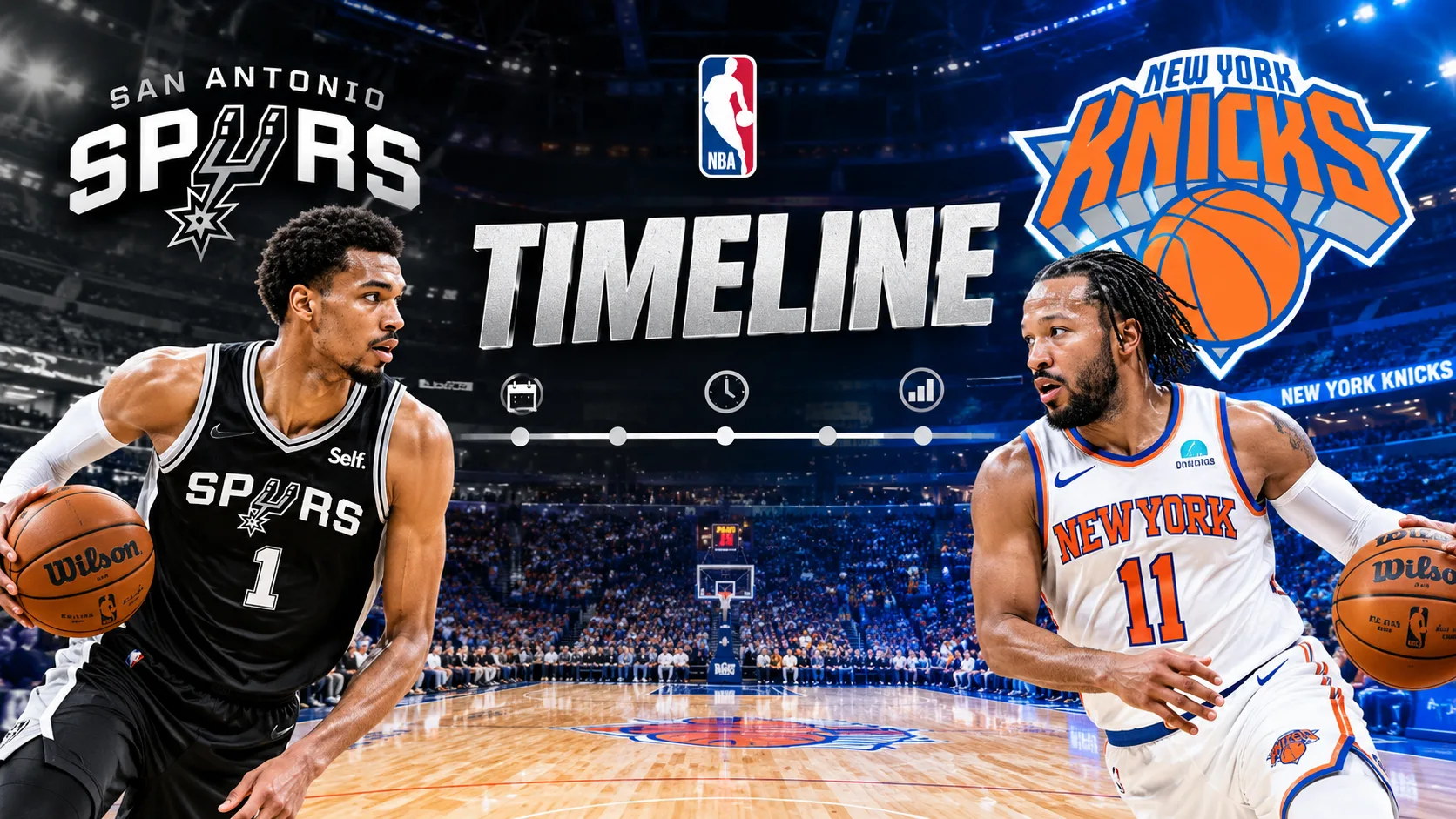 San Antonio Spurs vs New York Knicks timeline featuring team logos and a cinematic NBA basketball arena.