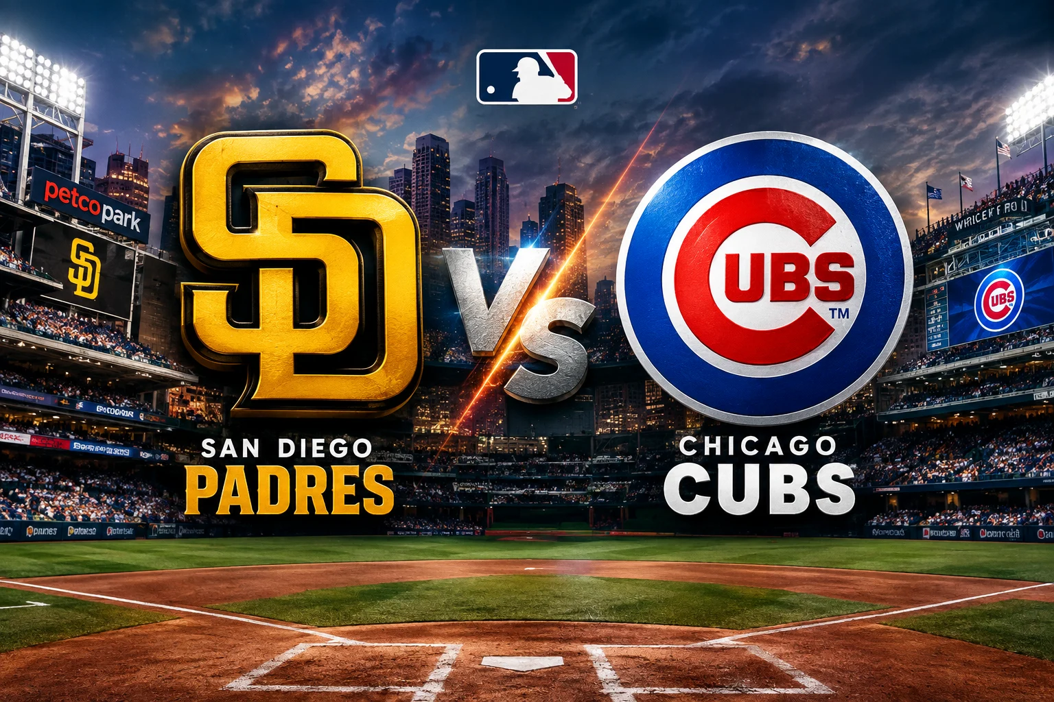 San Diego Padres vs Chicago Cubs MLB matchup at baseball stadium with team logos and monograms