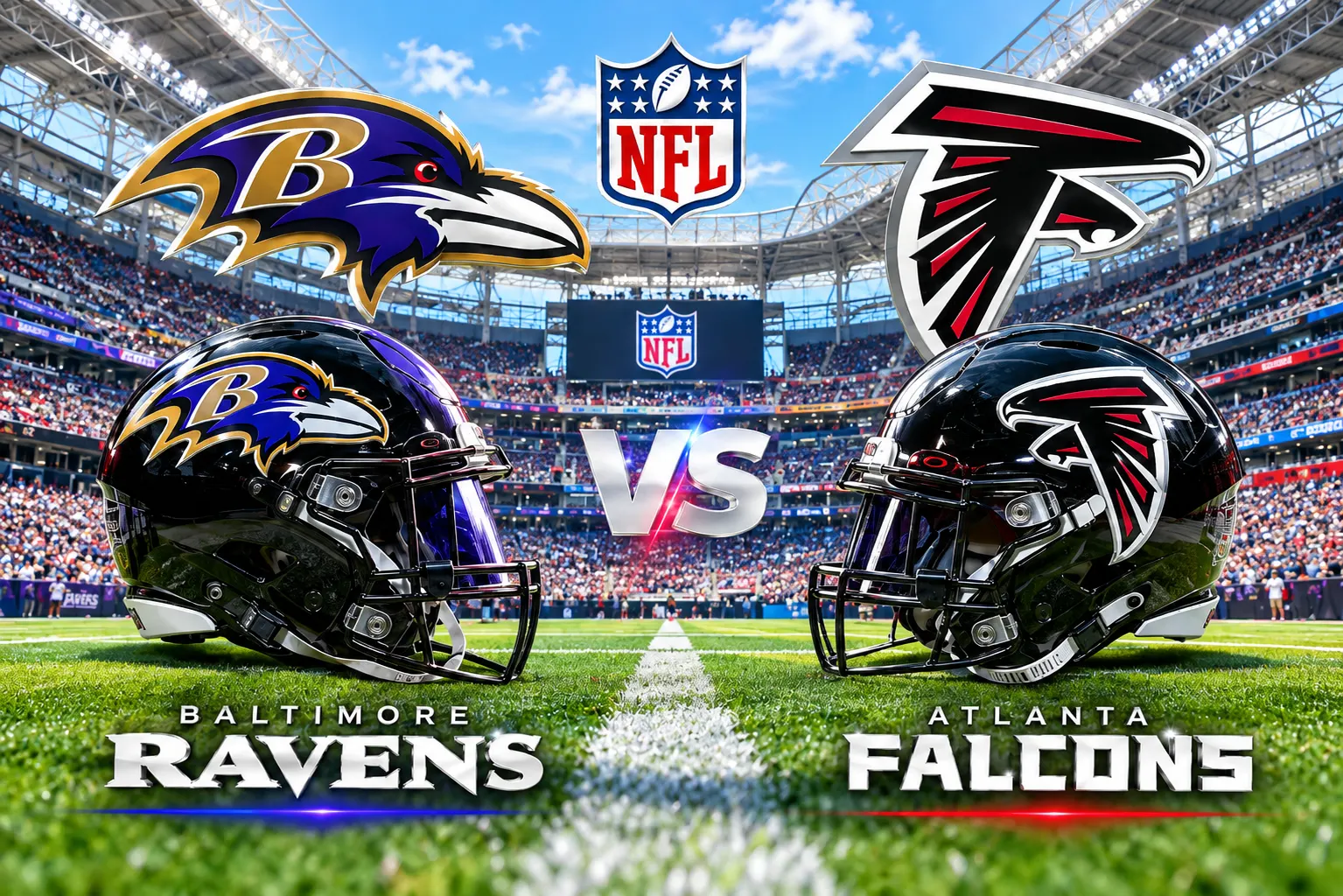 Baltimore Ravens vs Atlanta Falcons NFL matchup featuring both team logos and helmets in a bright daylight football stadium.